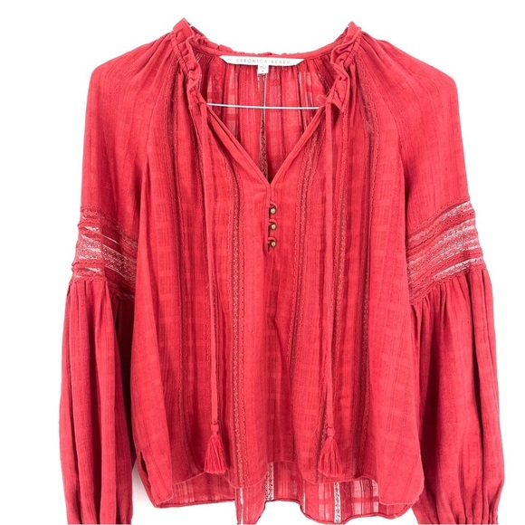 Veronica Beard Kalina Tassel Tie Boho Peasant Blouse Long Sleeve Top Brick Red - Picture 4 of 10